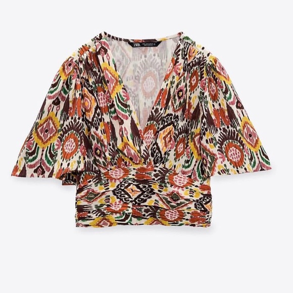 ZARA Ikat Print Puff Sleeve Crop Top - Size M NWT - Picture 2 of 12